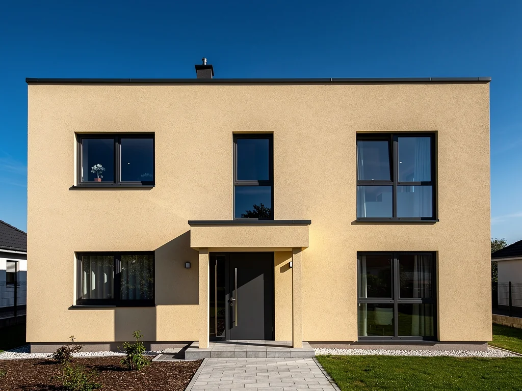 Maison à façade enduite couleur sable après isolation par l'extérieur