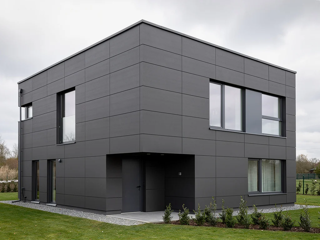 Façade cubique habillée de panneaux composites anthracite sur ITE