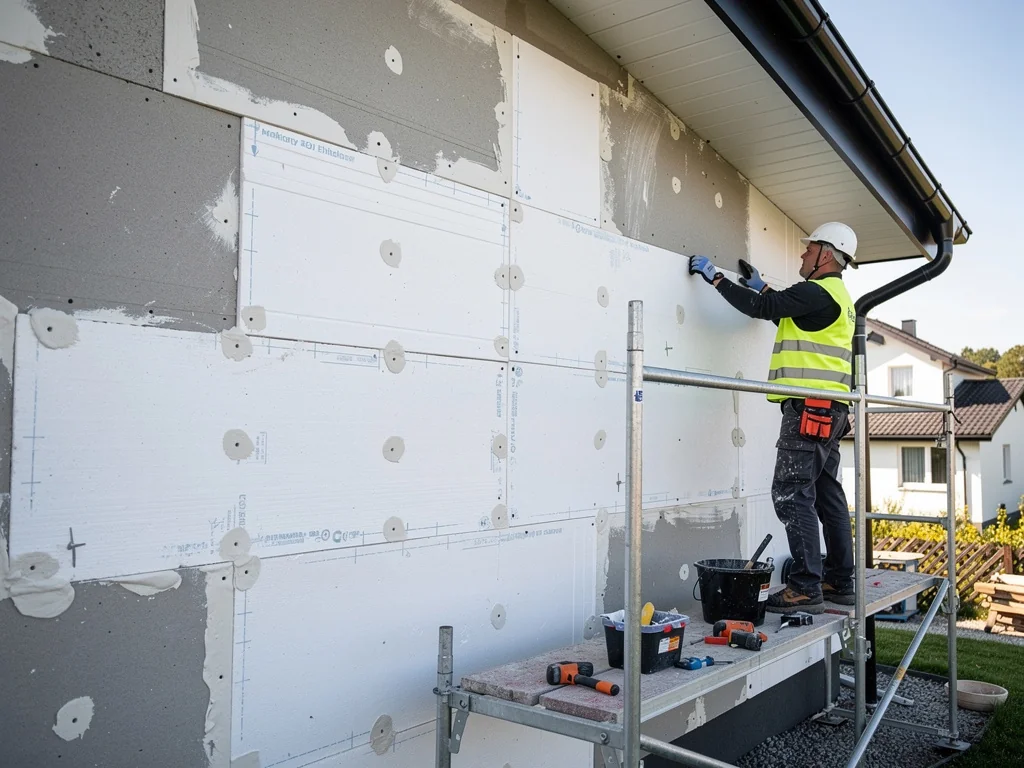 Chevillage des panneaux isolants sur un mur, chantier d'ITE sous échafaudage